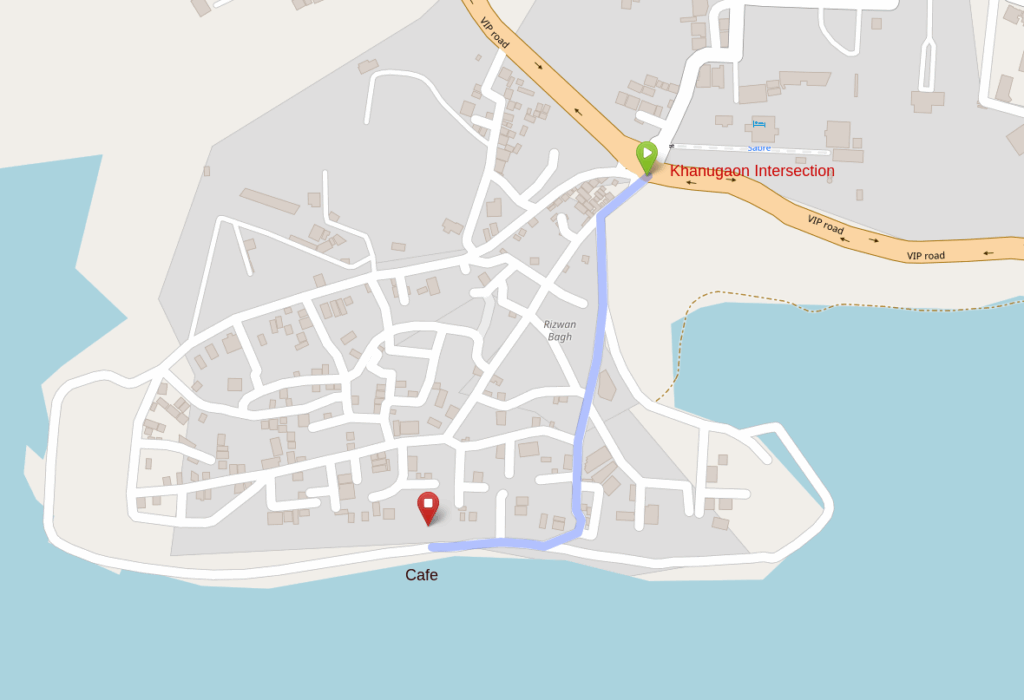 open street map screenshot showing the route to take from Khanugaon intersection on VIP road till the Bhopal Lakeview Coffee House cafe.